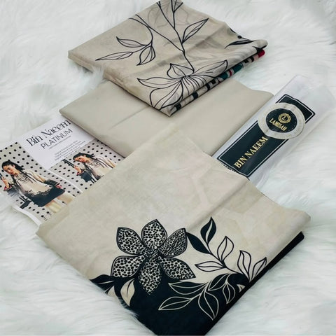 Bin Naeem Platinum Digital Lawn – 3 Piece Unstitched Suit | Minimalist Botanical Beige