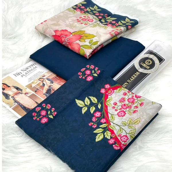 Bin Naeem Platinum Digital Lawn – 3 Piece Unstitched Suit | Navy Floral Blossom
