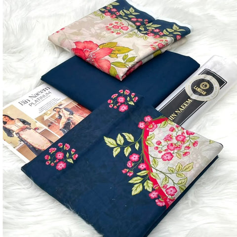 Bin Naeem Platinum Digital Lawn – 3 Piece Unstitched Suit | Navy Floral Blossom