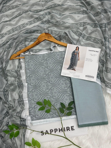 SAPPHIRE Premium Lawn 3PC Unstitched Suit – Mist Grey