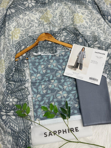 SAPPHIRE Premium Lawn 3PC Unstitched Suit – Soft Grey Floral