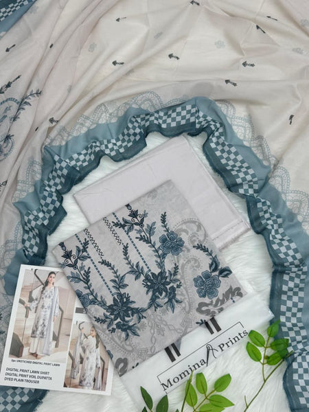 Momina Prints Premium Digital Lawn – 3 Piece Unstitched Suit | Misty Blue Elegance