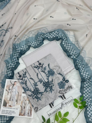 Momina Prints Premium Digital Lawn – 3 Piece Unstitched Suit | Misty Blue Elegance