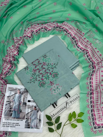 Momina Prints Premium Digital Lawn – 3 Piece Unstitched Suit | Aqua Blossom